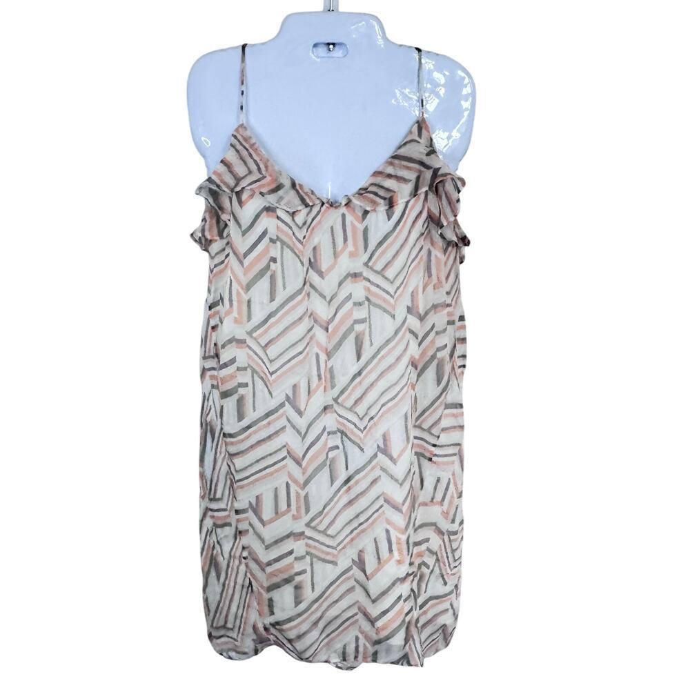 New REBECCA MINKOFF Emilia Multi Color Geo Print Chiffon Shift Dress Ruffle Sz M - Picture 2 of 13